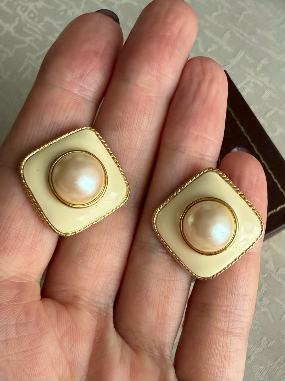 Vintage Monet cream color square clip-on earrings with faux pearl snd gold trim